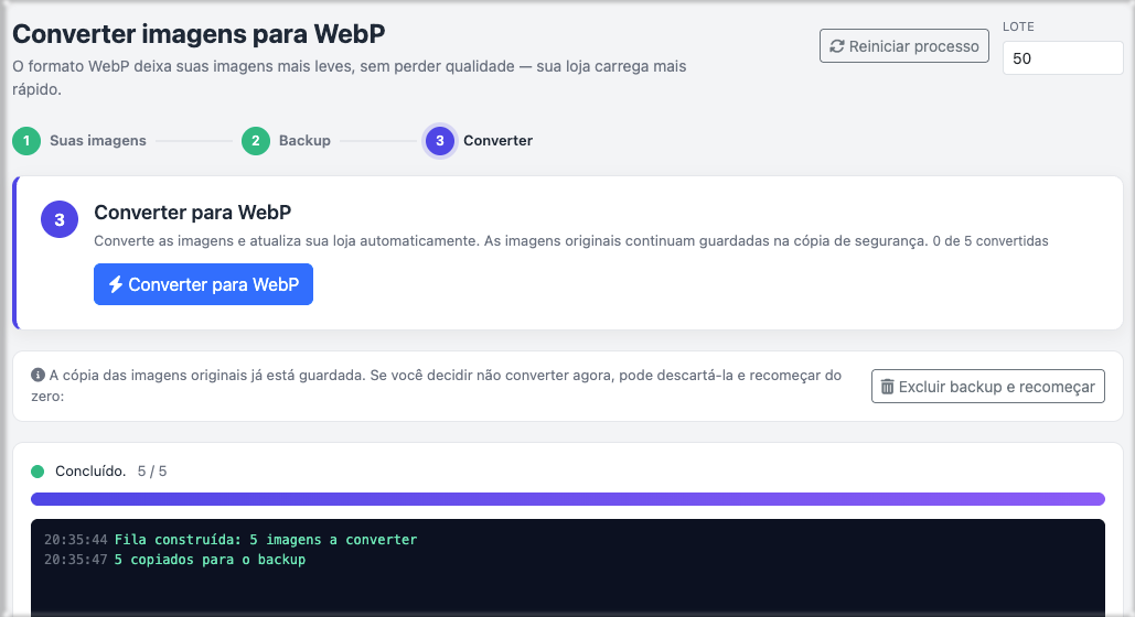 Tela de convers&atilde;o WebP do Ferramentas de Imagem com barra de progresso