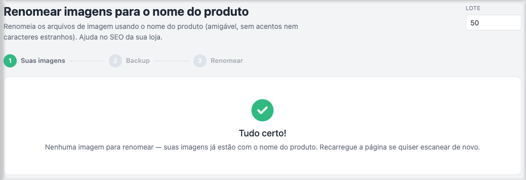 Tela de renomea&ccedil;&atilde;o SEO de imagens do Ferramentas de Imagem